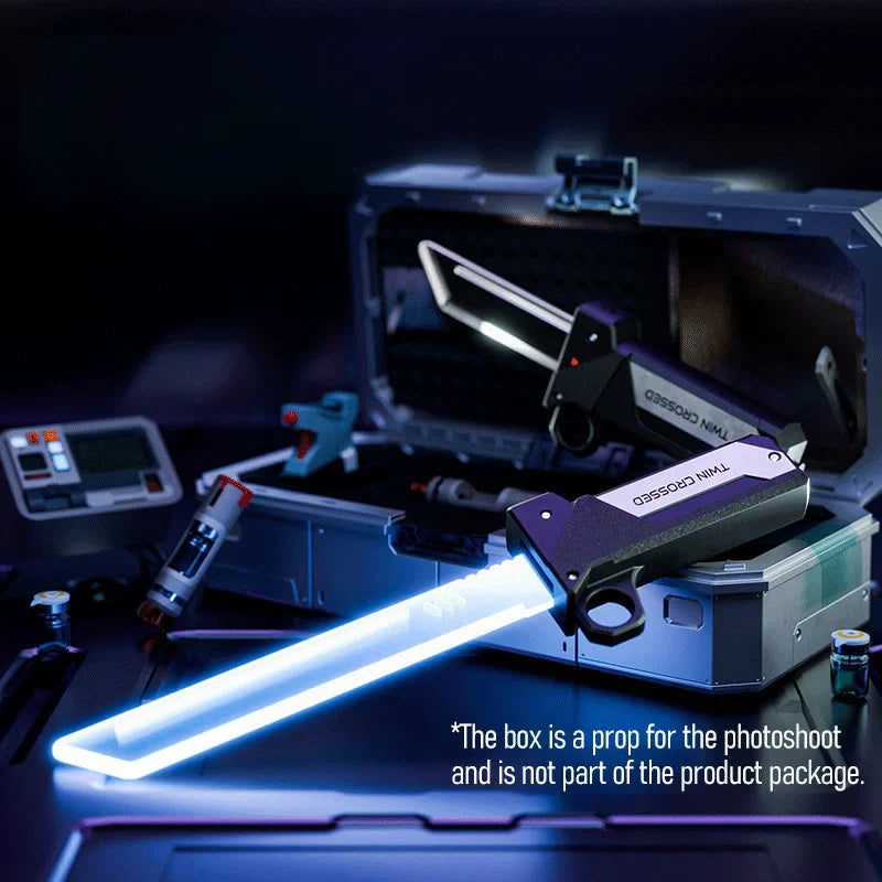 Blue light-up sci-fi sword toy displayed on a desk, highlighting the product design.