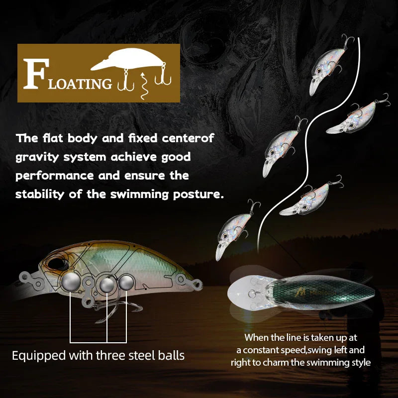 Floating fishing lure diagram showing internal ball bearing system and swimming posture