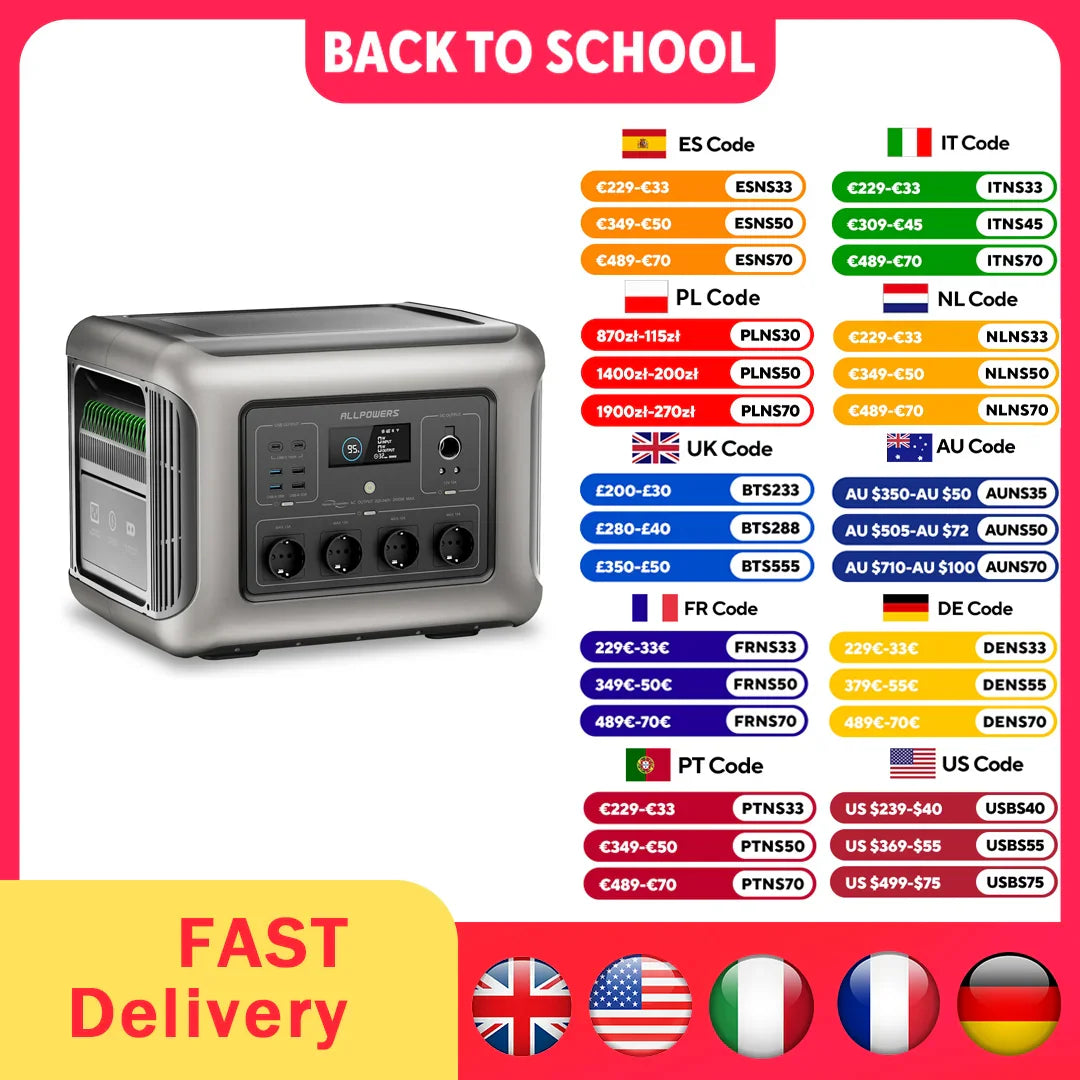 Portable power station with international discount codes and flags