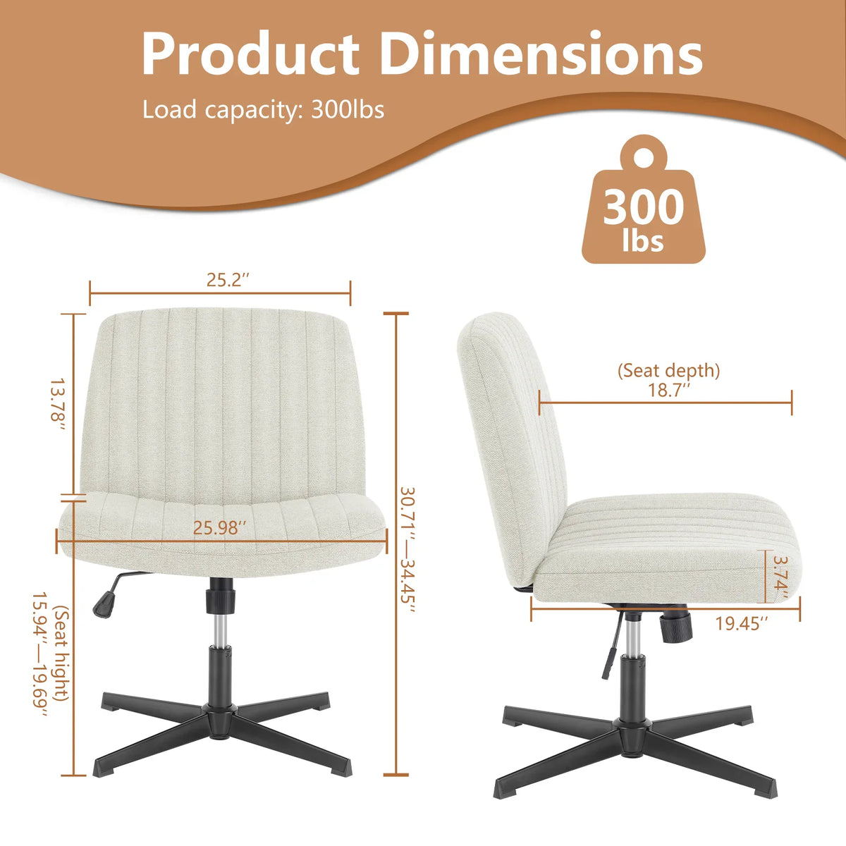 Dimension diagram of beige armless swivel desk chair with height and depth measurements