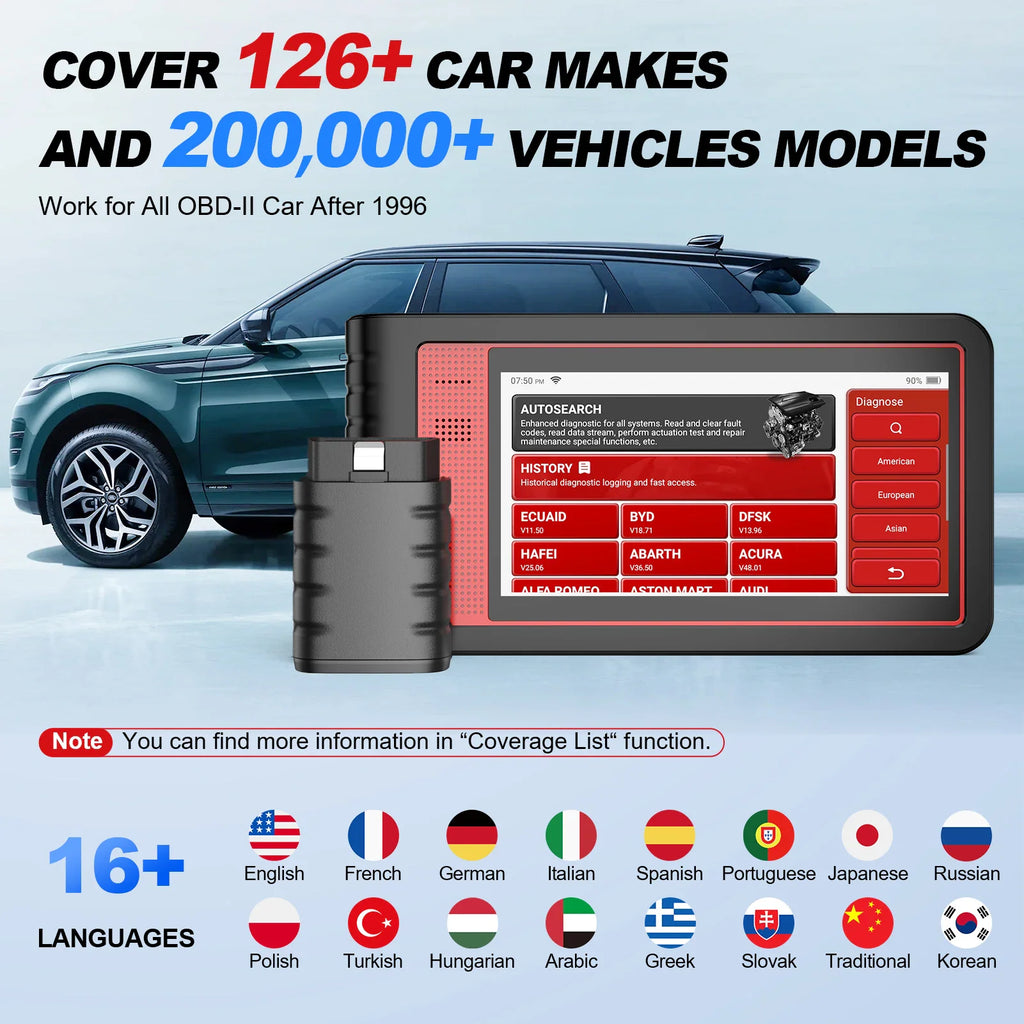 Graphic showing automotive diagnostic tool compatibility with 126 car makes and 16 languages.