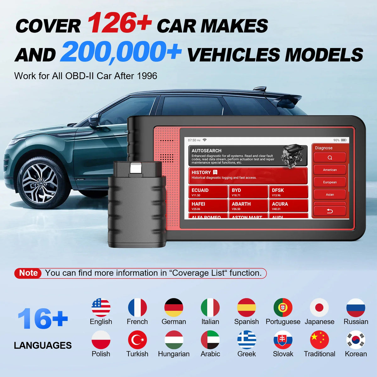 Graphic showing automotive diagnostic tool compatibility with 126 car makes and 16 languages.