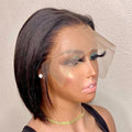 Short bone straight human hair bob wig with transparent HD lace front and natural black color.