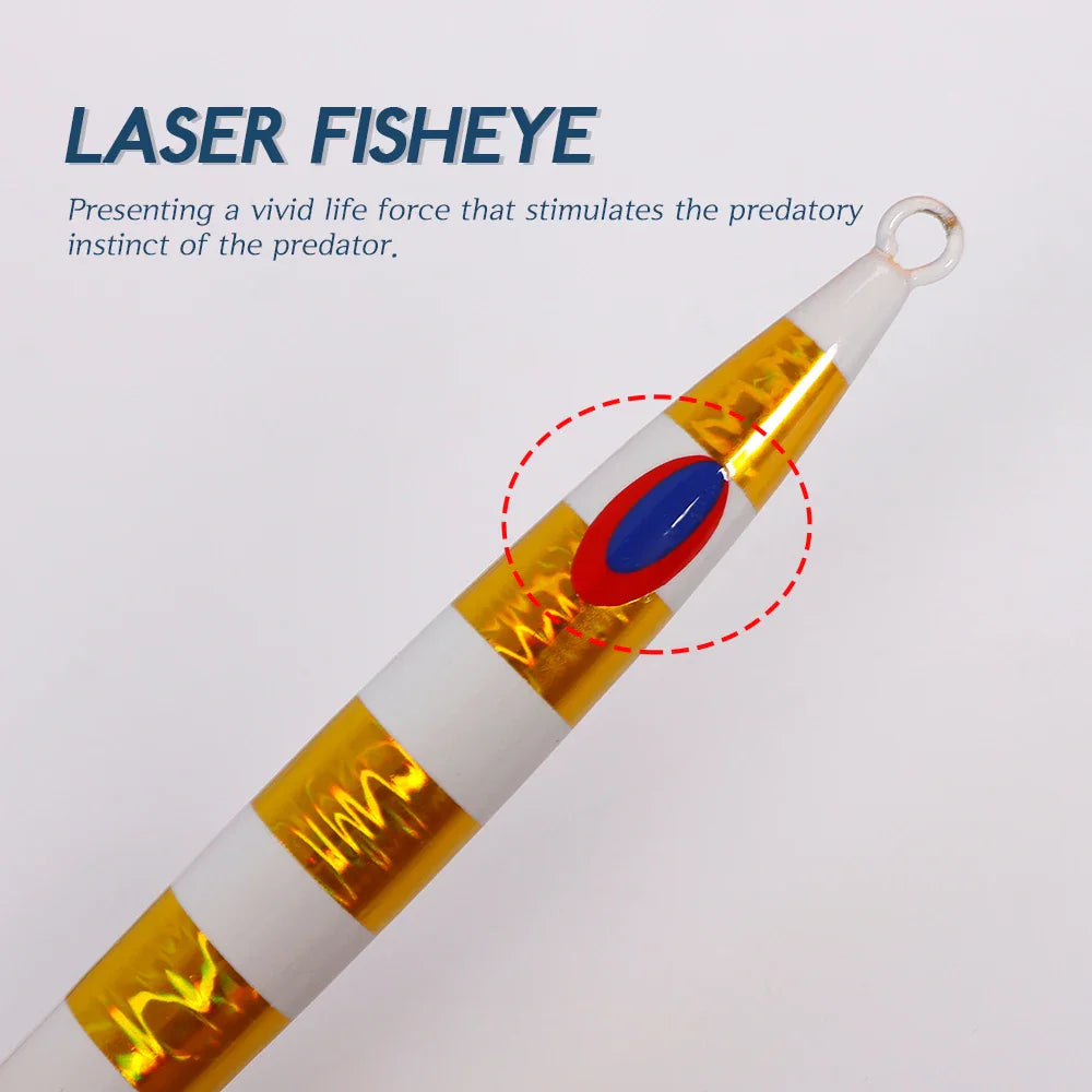 A close-up view of a metal fishing jig focusing on its painted eye feature.