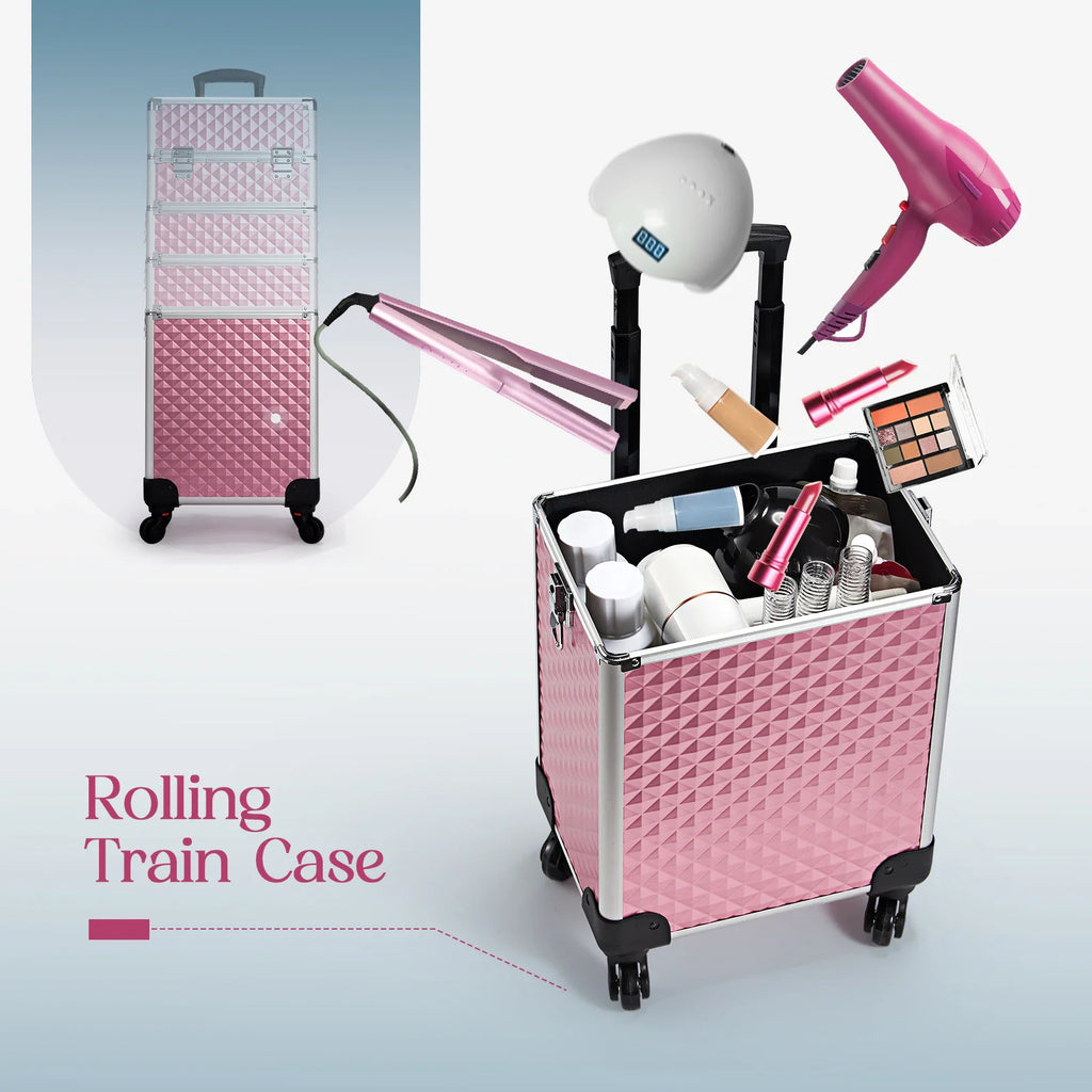Pink rolling makeup train case being filled with hair dryer, straightener, and makeup products
