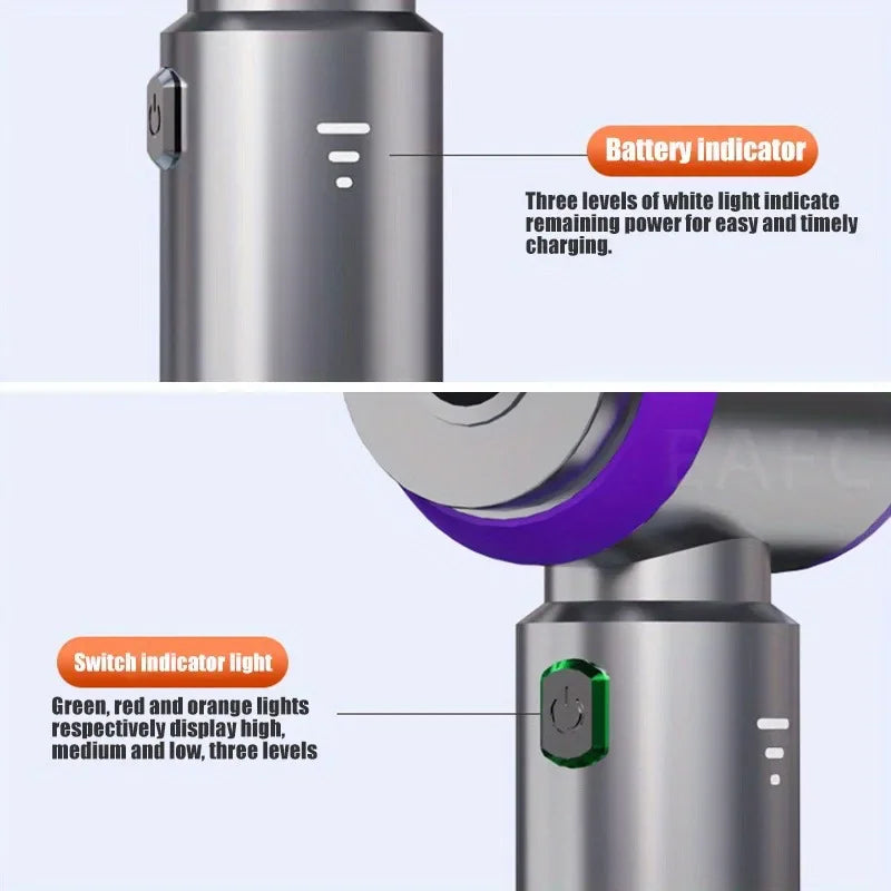 Close-up of handheld vacuum cleaner buttons and indicator lights explaining battery and power levels.