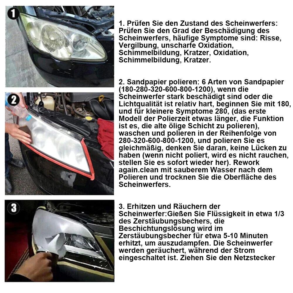 Step-by-step instructions for car headlight restoration kit with sanding and steaming.