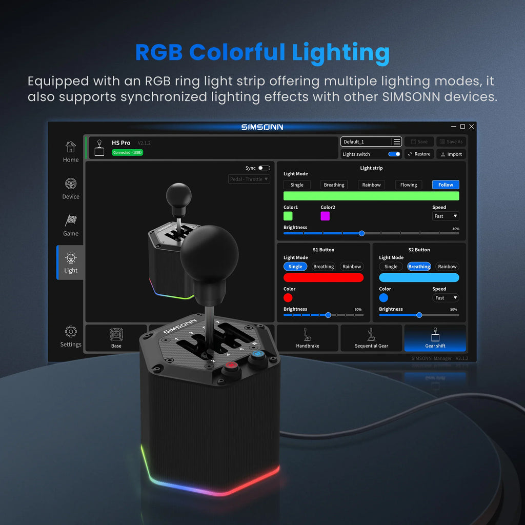 Software interface for adjusting RGB lighting settings on a racing simulator gear shifter