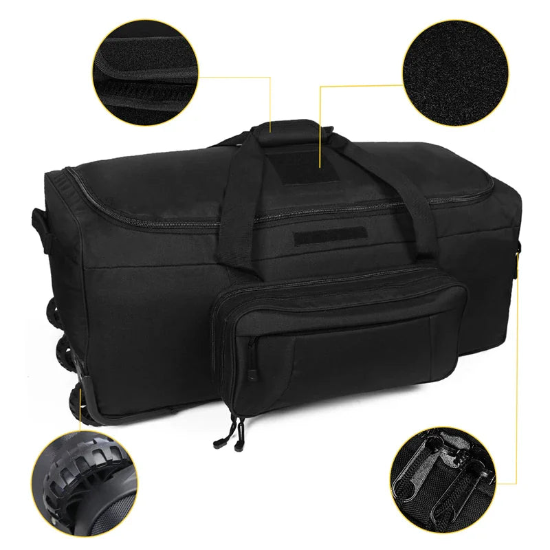 Black tactical rolling duffel bag highlighting product details and components