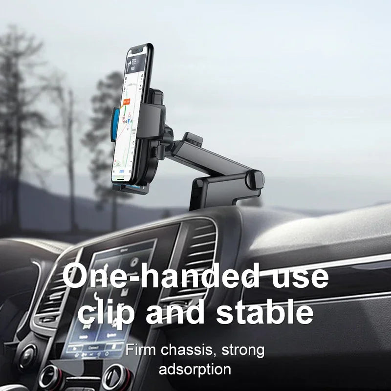 A car phone holder mounted on a dashboard with a phone attached for navigation.
