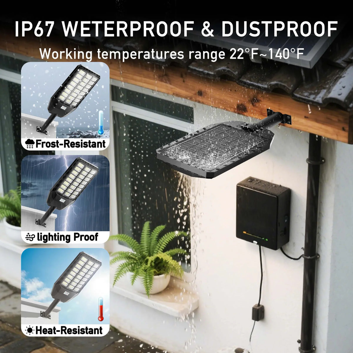 Waterproof solar street light demonstrating durability in rain and various temperatures