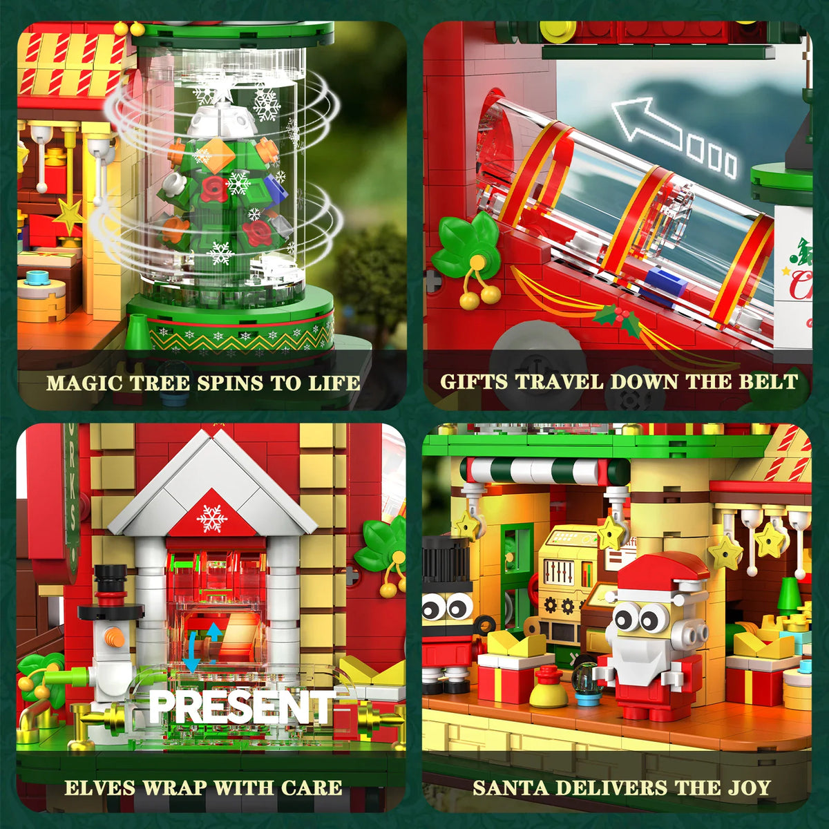 Detailed views of a Christmas gift factory toy set showing light-up features and moving parts