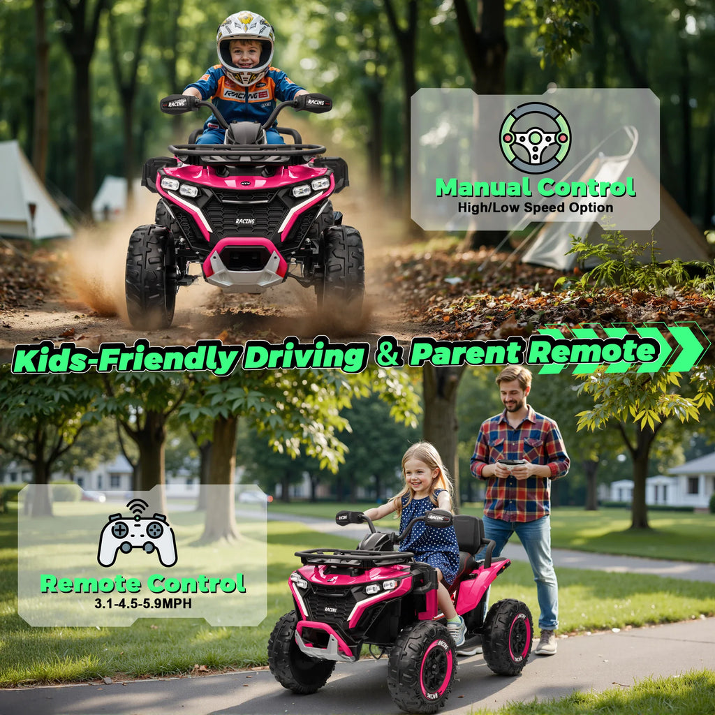 Pink ride-on ATV with child driver, parent remote control and manual operation feature callouts
