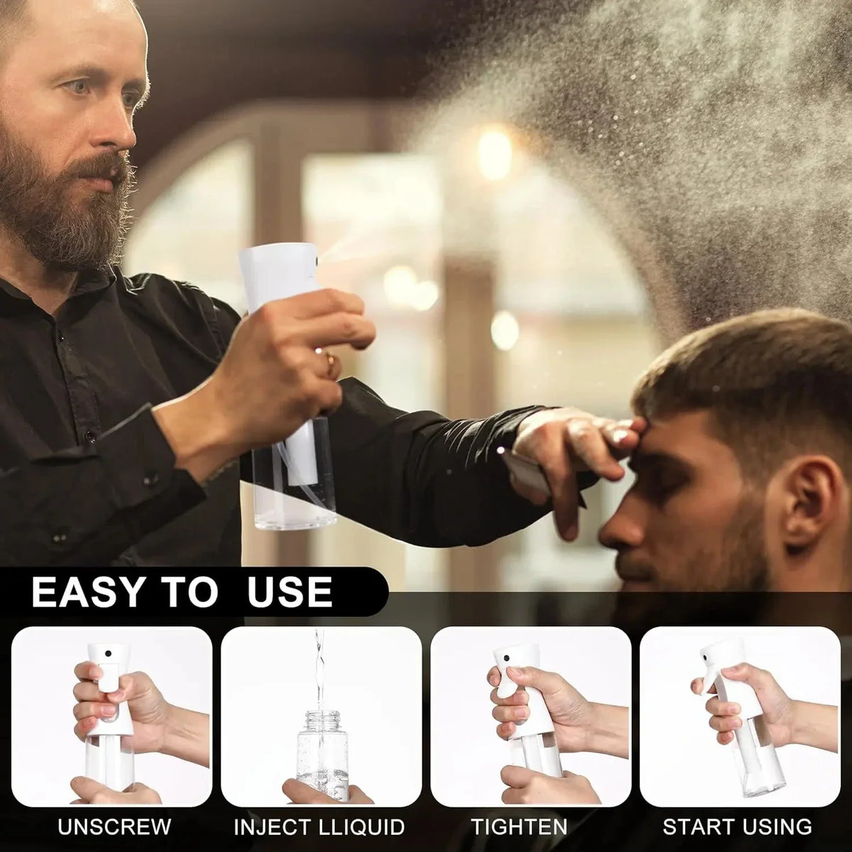 Instructions showing a man using a hair spray bottle and a set of images explaining how to fill and use the sprayer