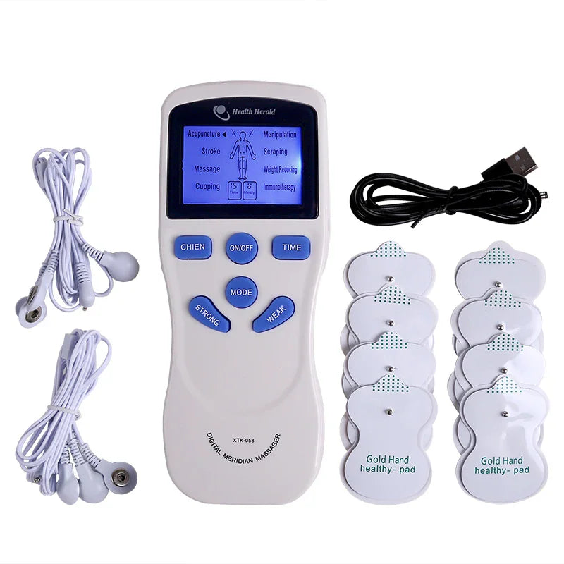 Digital electronic pulse nerve and muscle stimulator with electrode pads and connection cables