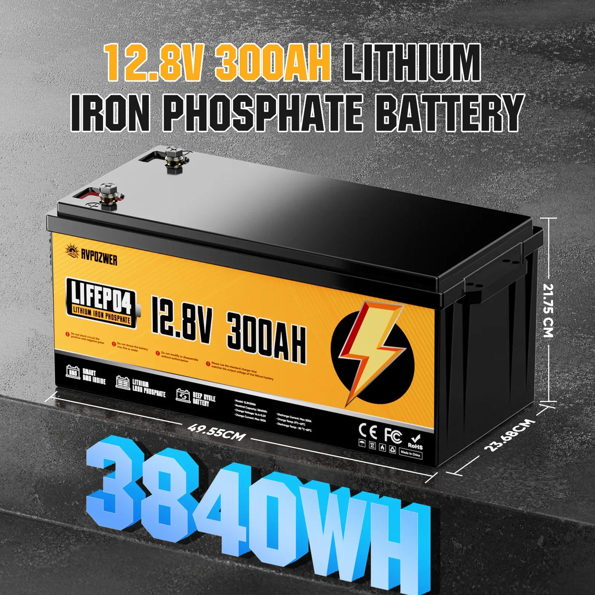 12.8V 300Ah lithium iron phosphate battery showing physical dimensions and total energy capacity.