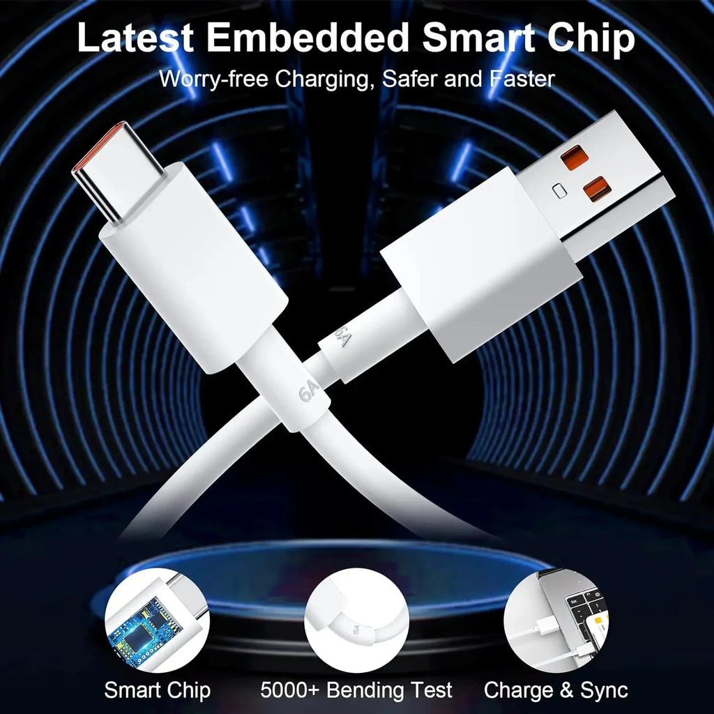 White USB-C to USB-A fast charging cable with smart chip detail
