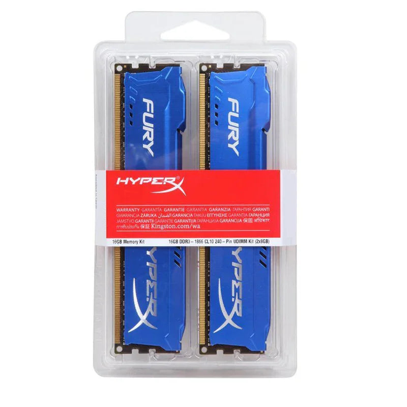 Two blue DDR3 desktop RAM memory modules in clear plastic packaging