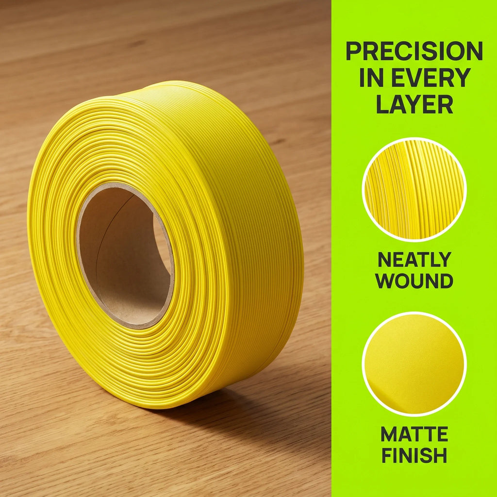 Yellow 3D printer filament spool with close-up circular details