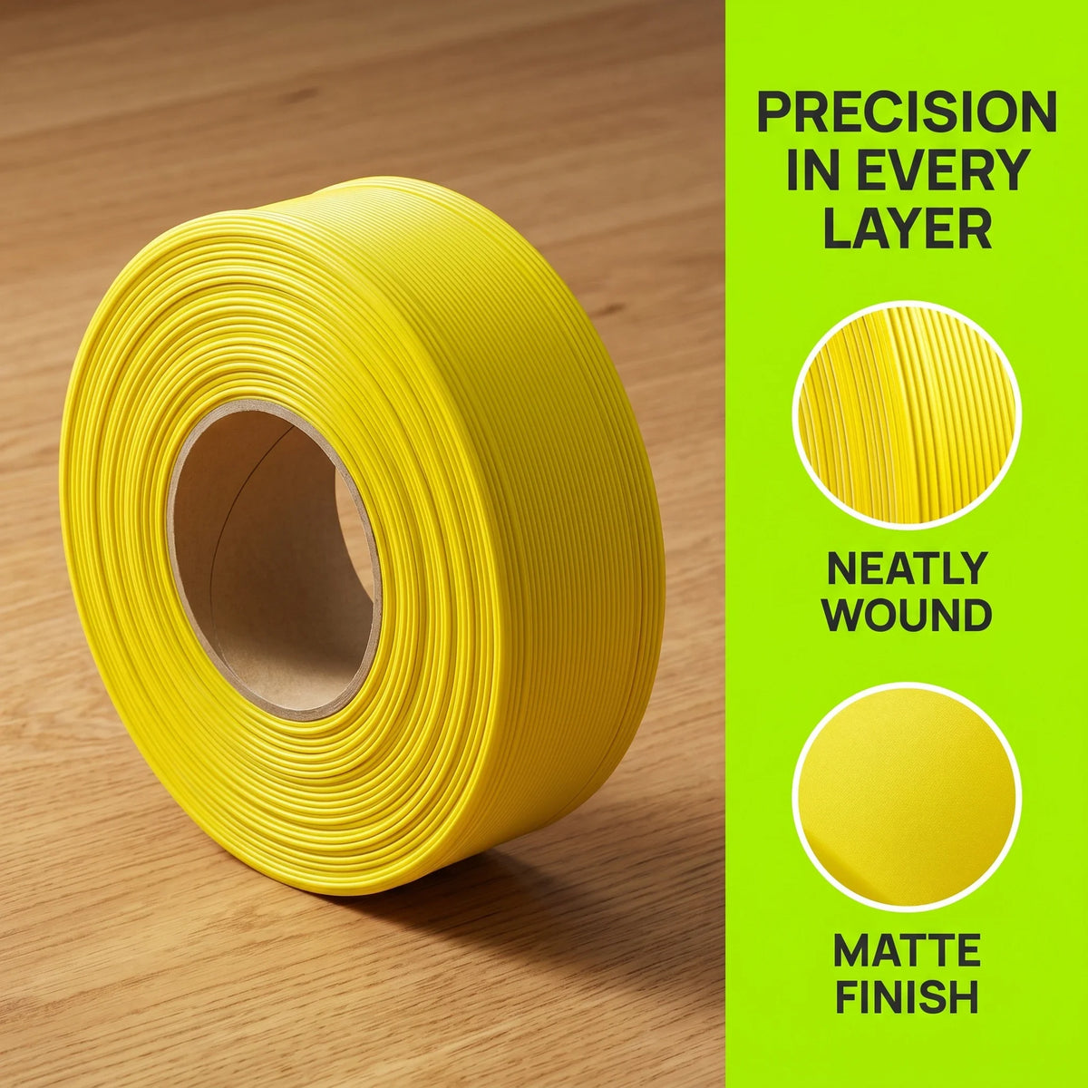 Yellow 3D printer filament spool with close-up circular details
