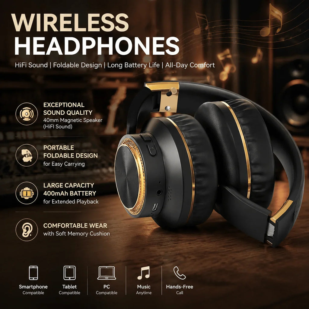Black and gold wireless over-ear headphones with technical specifications and compatibility icons.