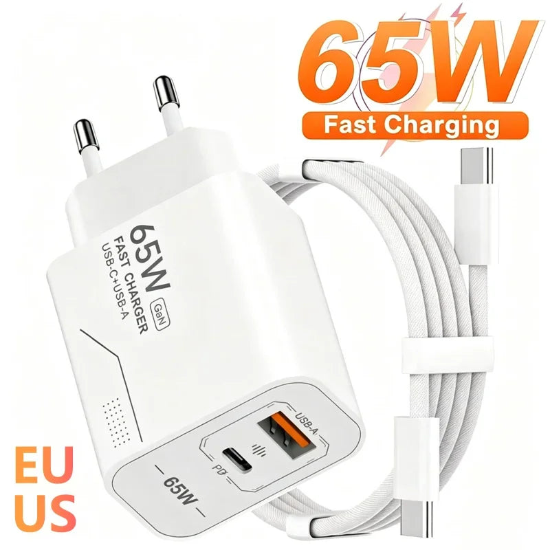 White 65W fast charger with USB-A and USB-C ports, including a white charging cable.