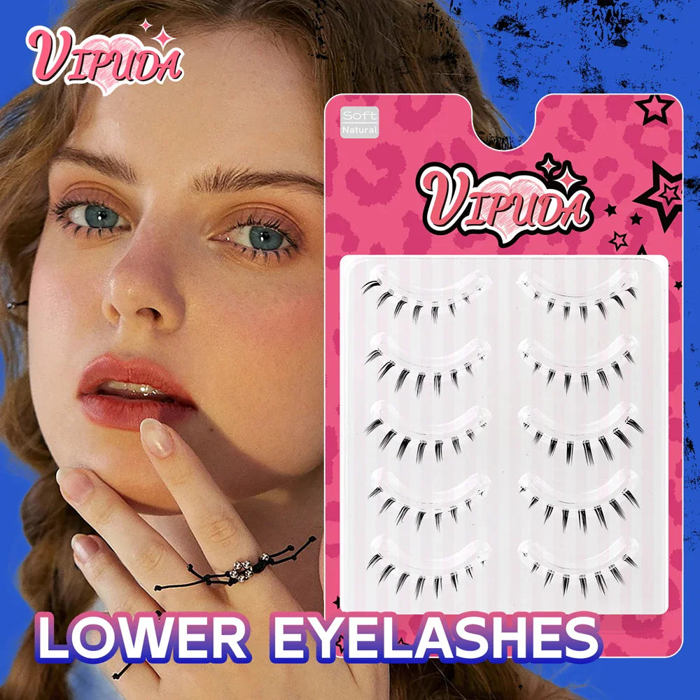 A model showing natural lower eyelashes on a pink display card