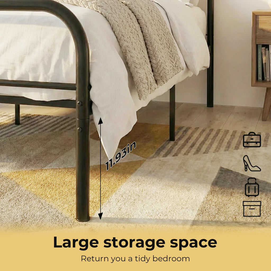 Close up of metal bed frame showing 11.93 inch under-bed clearance for storage