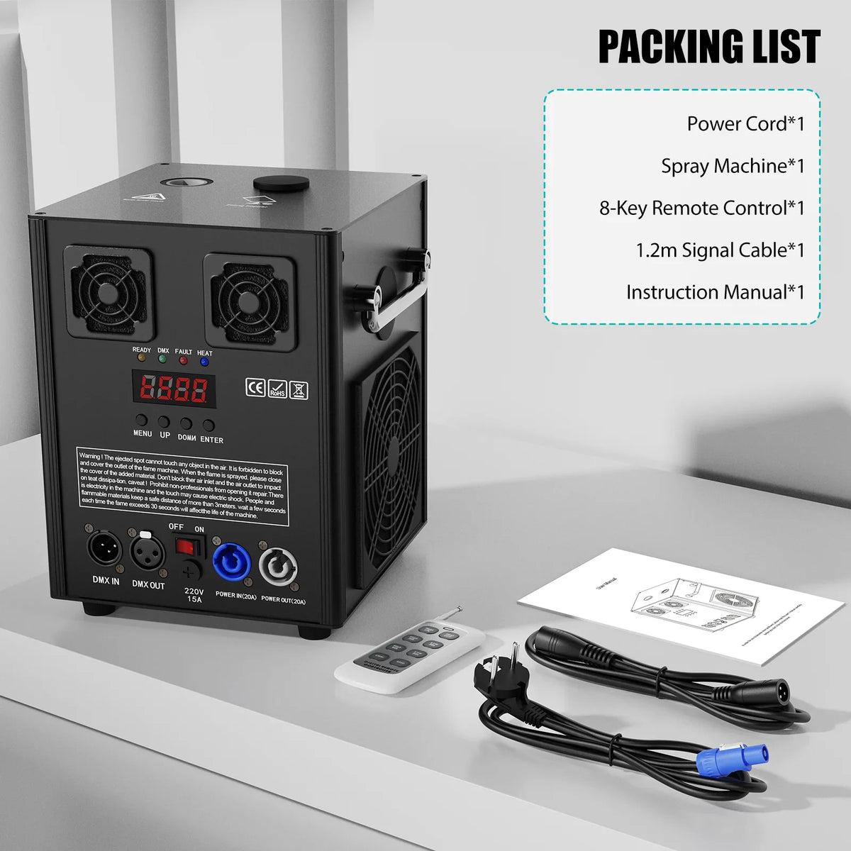 Packing list of cold spark machine with remote and power cables