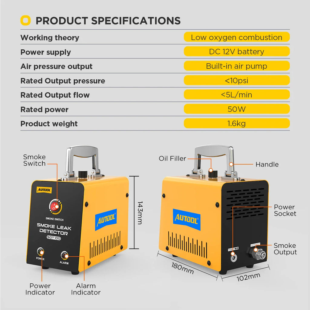 Automotive smoke leak detector technical specifications and dimensional diagram