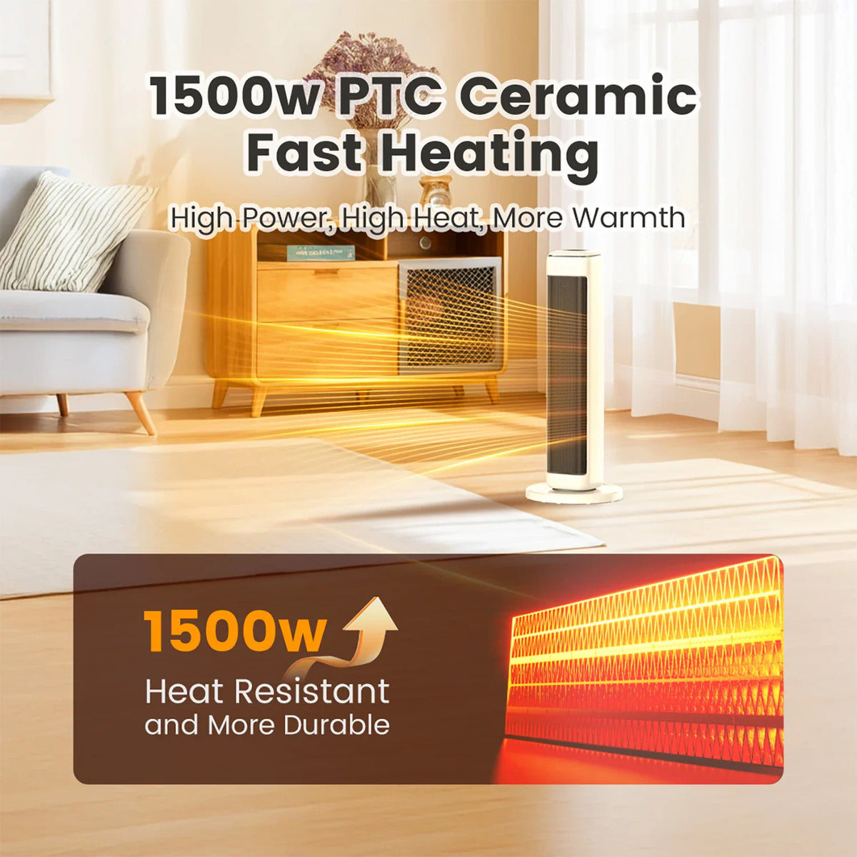 Off-white tower ceramic space heater in a living room with technical text overlay