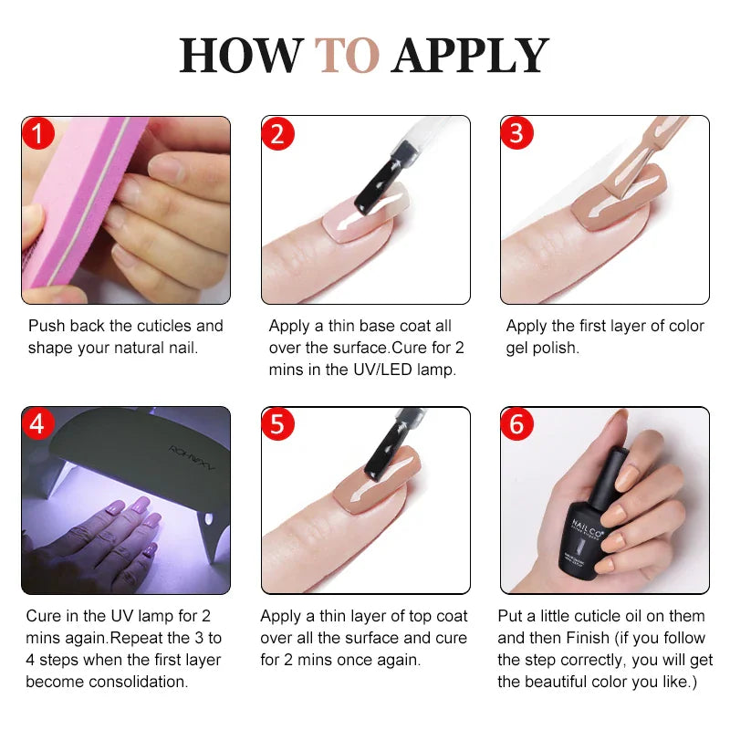Six-step tutorial showing how to apply gel nail polish with nail tools and a UV lamp.