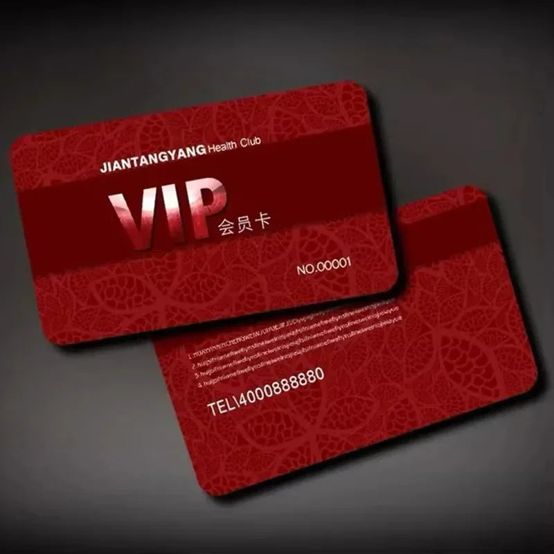 Red patterned VIP membership card with gold text and numbered identity