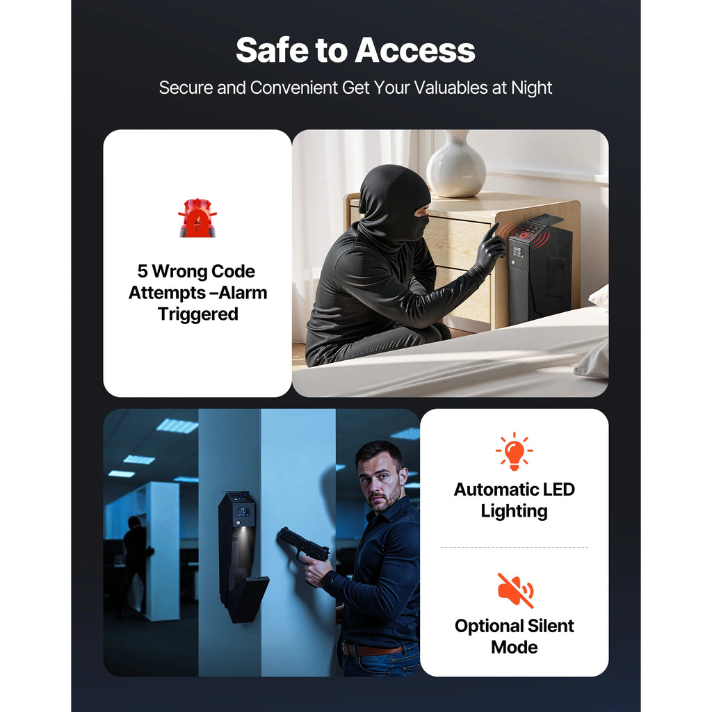 Gun safe features including alarm, LED lighting, and silent mode with person in home security scenario
