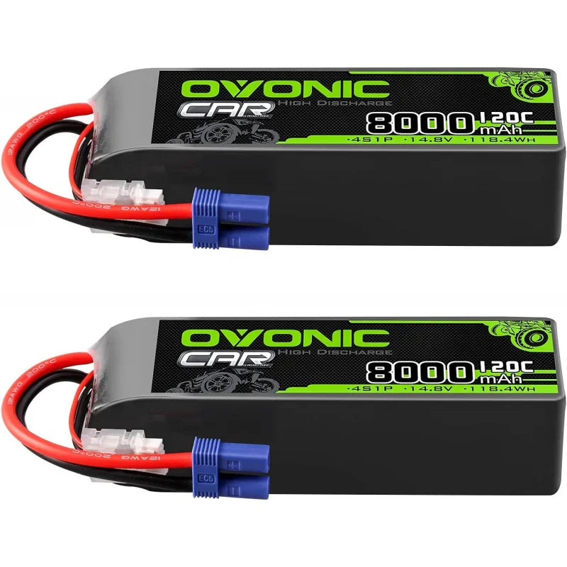 Two 14.8V 8000mAh 120C 4S LiPo batteries with EC5 connectors for RC vehicles.