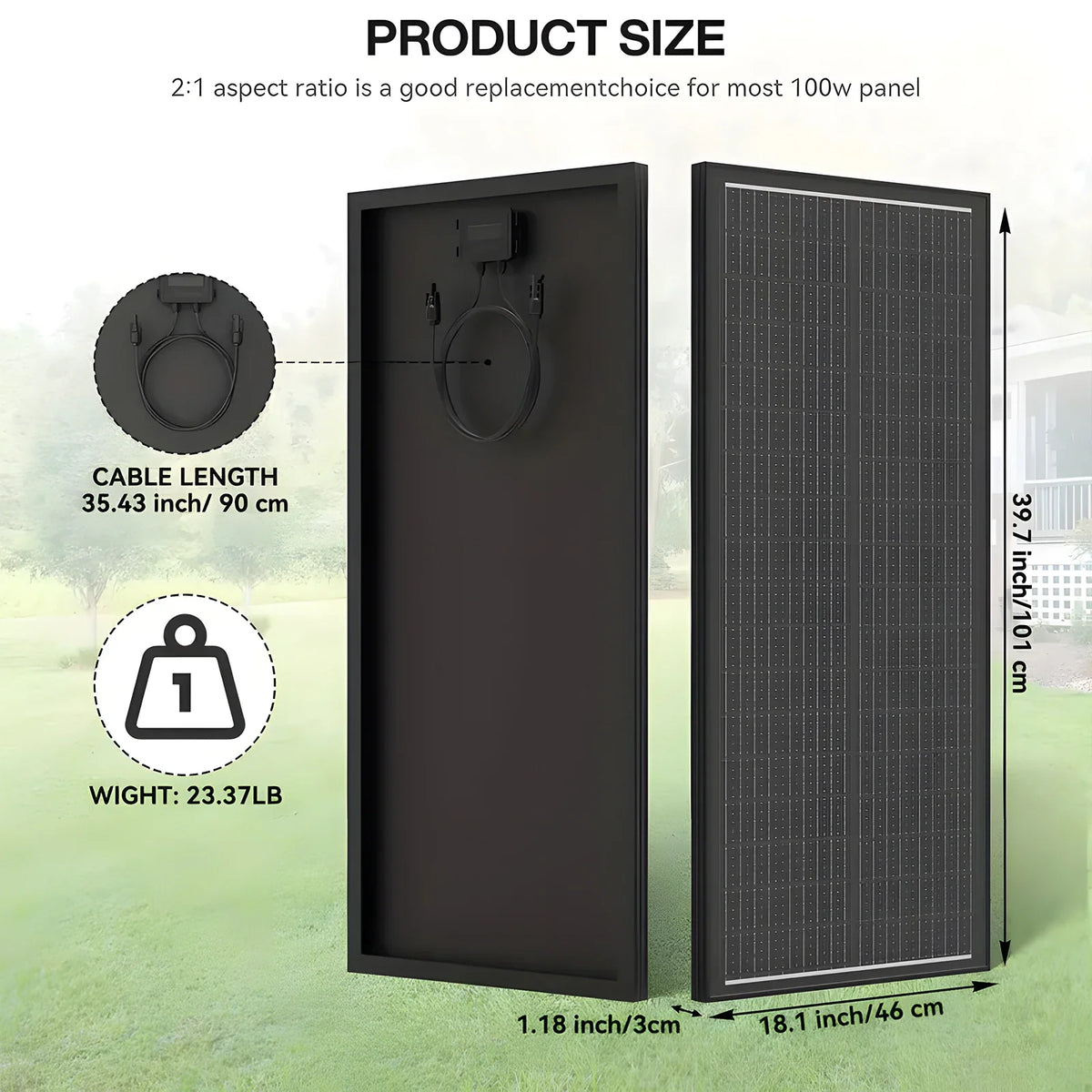 Dimensions and weight specifications for a monocrystalline solar panel