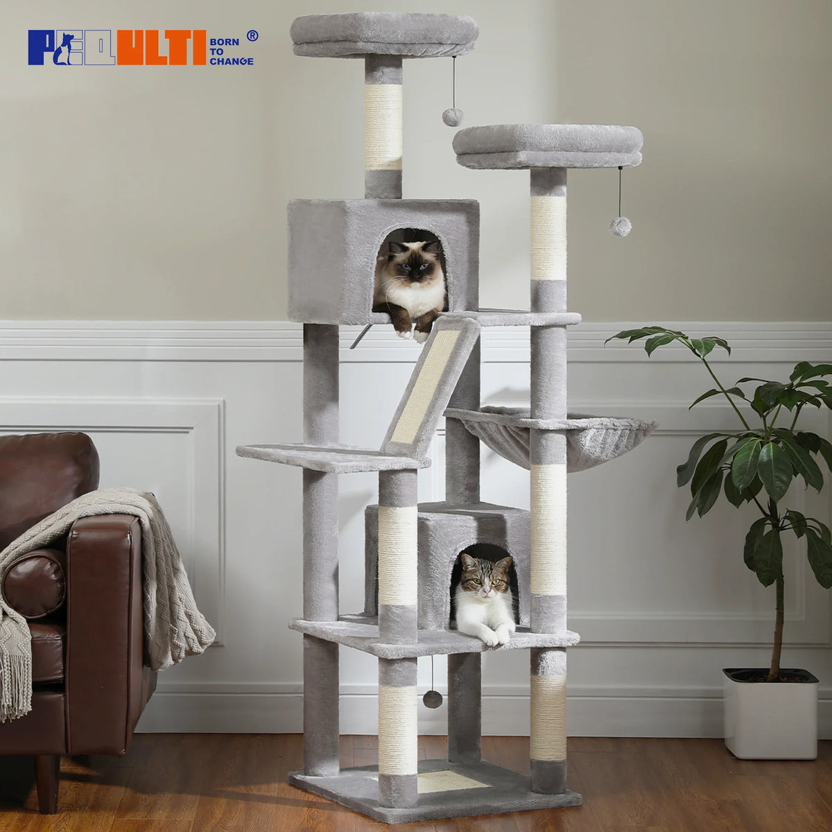 Large multi-level grey plush cat tree tower with scratching posts, perches, and condos with two cats.