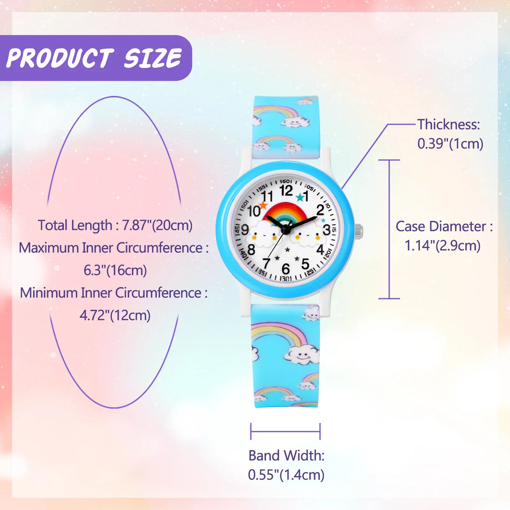 Size chart showing dimensions of a blue children's watch with rainbow and cloud pattern