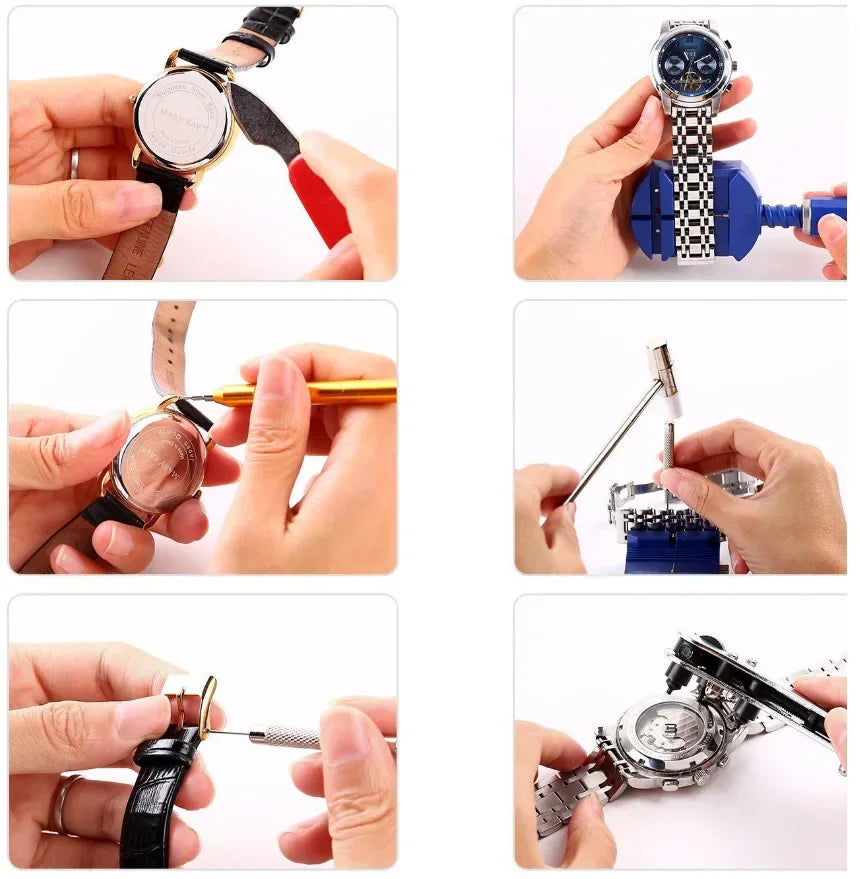 Demonstration photos showing how to use various watch repair tools for opening cases and adjusting wristbands
