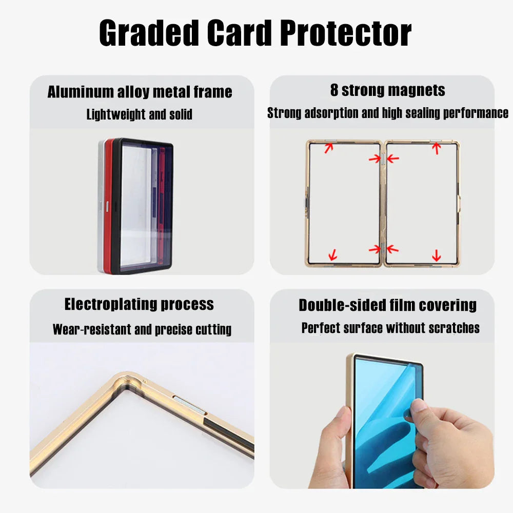 An infographic showing features of a protective trading card case, including magnets and aluminum construction