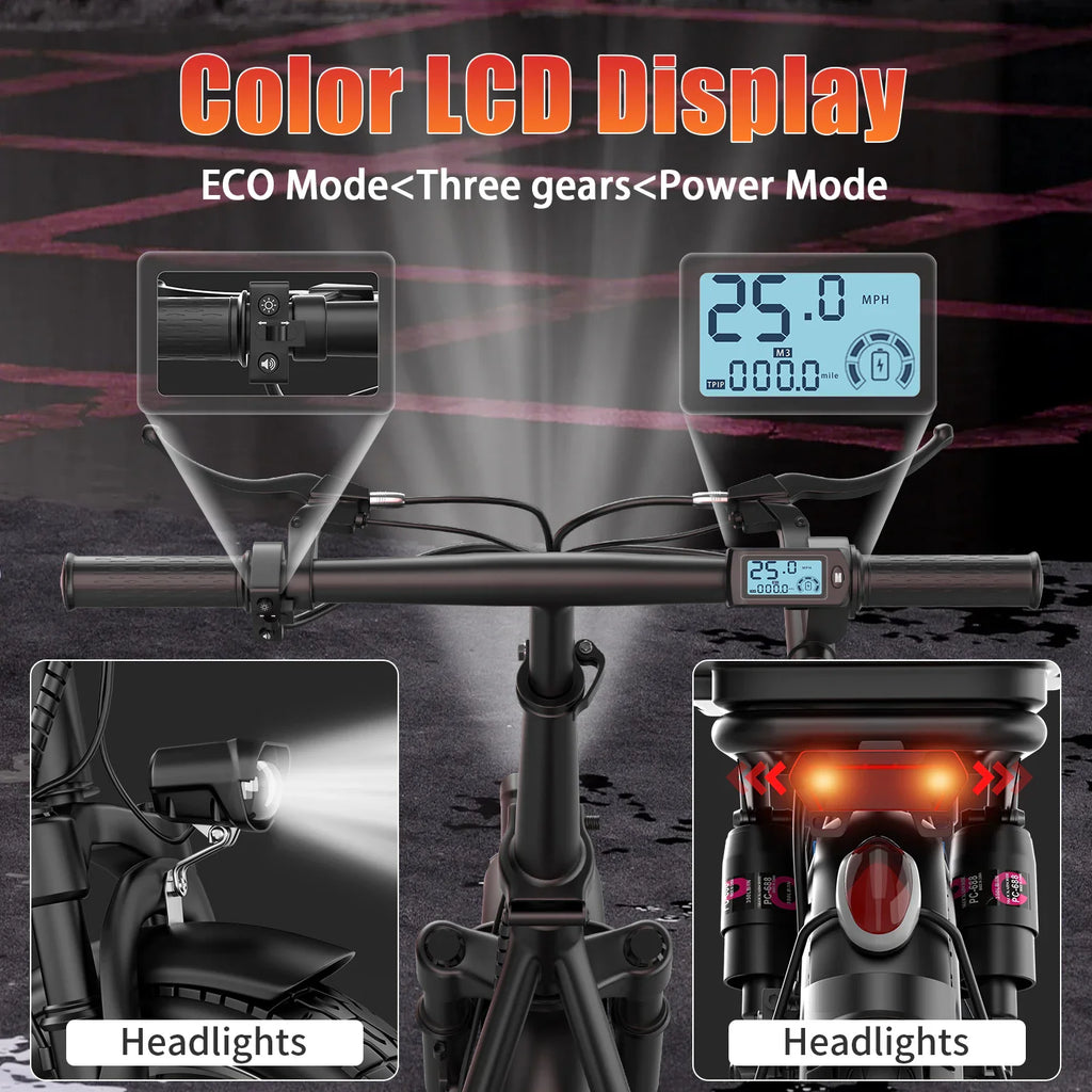 Electric scooter handlebar LCD display, headlight, and taillight features.