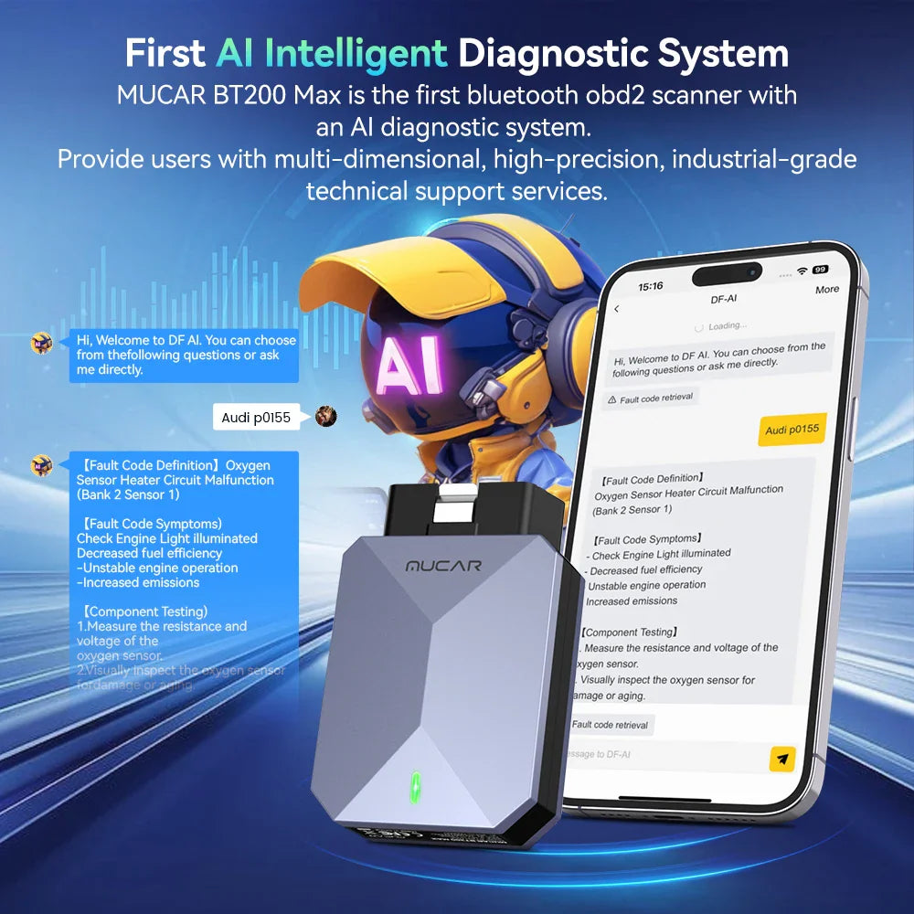OBD2 diagnostic scanner showing AI interface on a smartphone screen for car fault analysis.