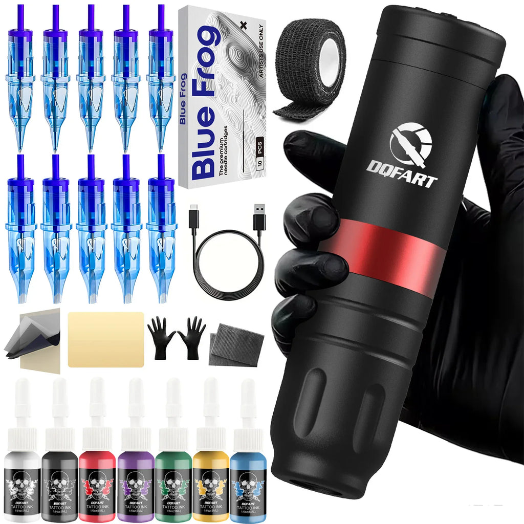 Wireless tattoo machine kit with ink bottles, needle cartridges, charging cable, and gloves.