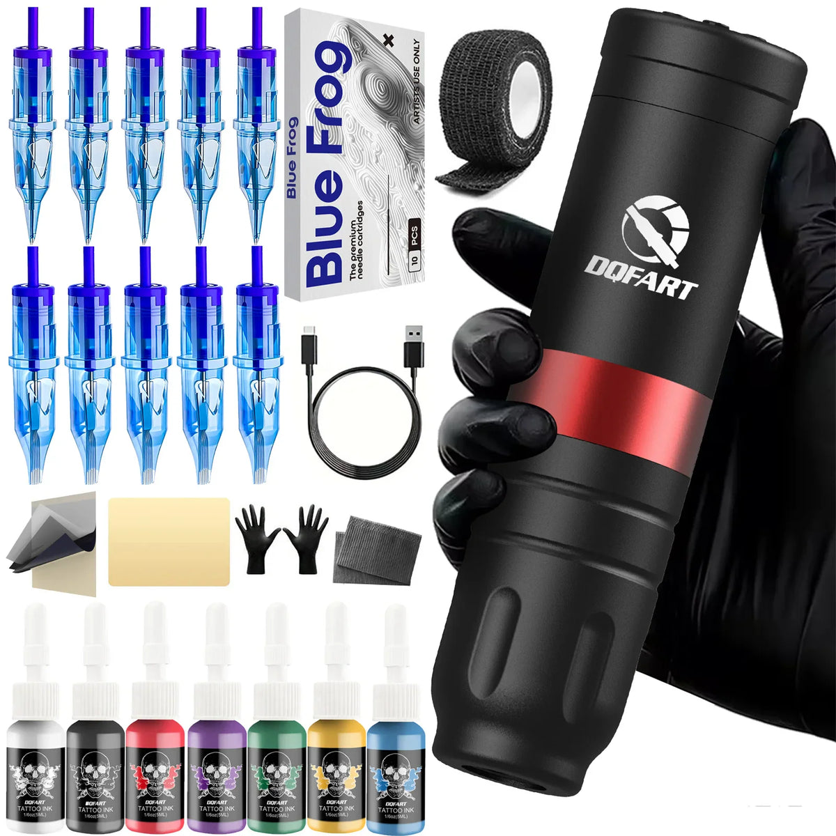 Wireless tattoo machine kit with ink bottles, needle cartridges, charging cable, and gloves.