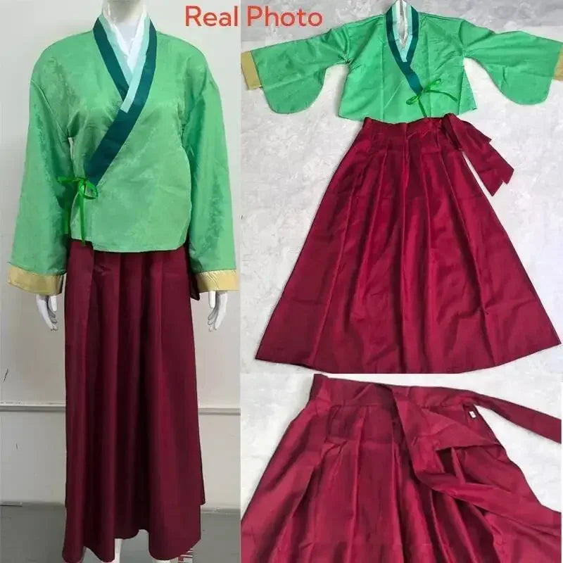 Green and dark pink kimono cosplay costume shown on mannequin and folded