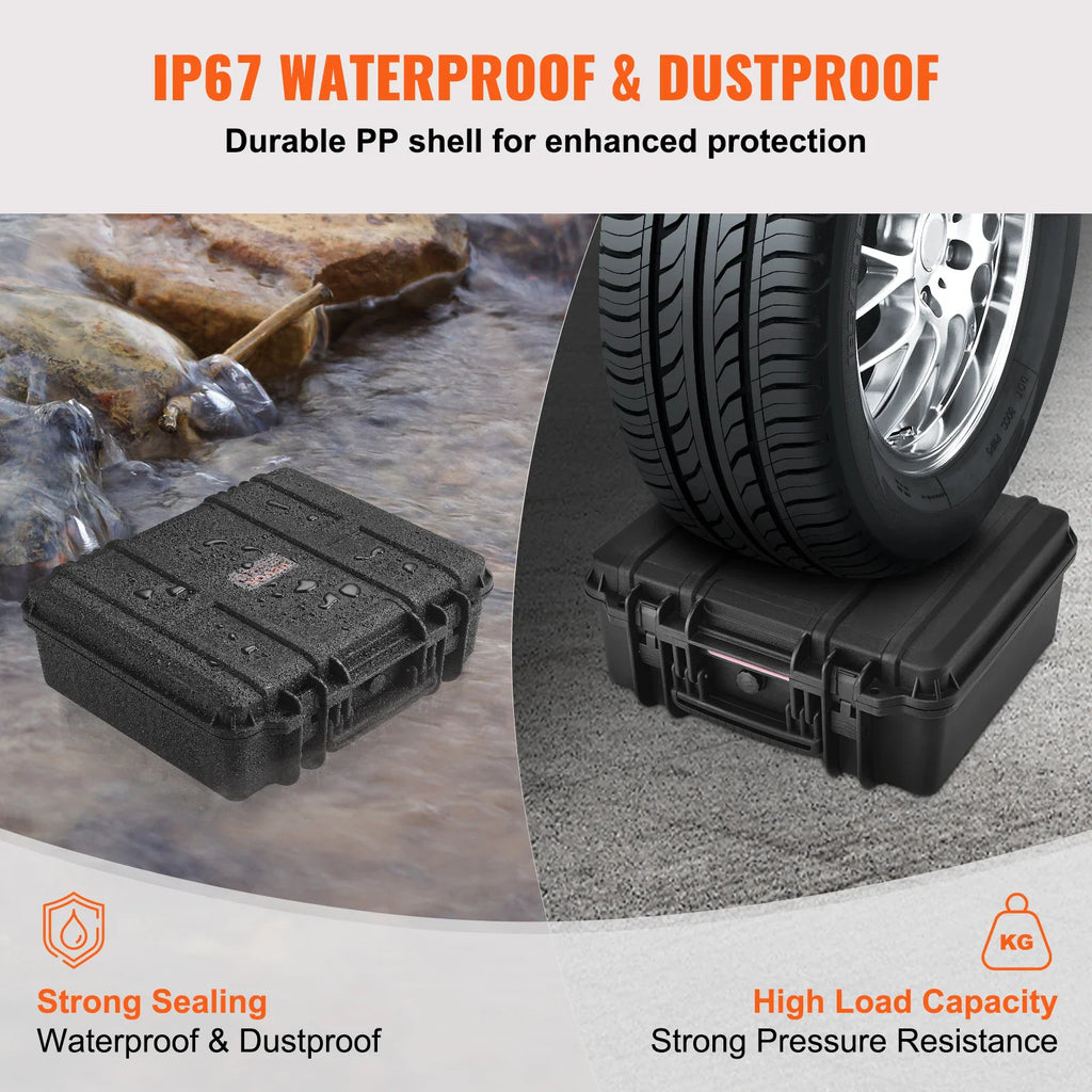 Durable hard plastic case demonstrating waterproof and heavy pressure load bearing capacity.