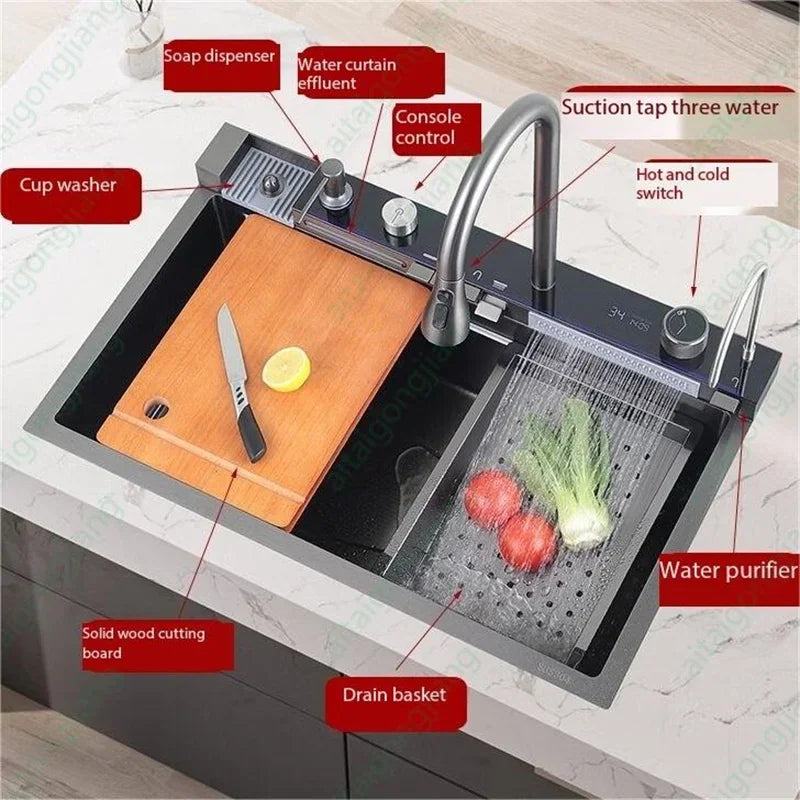 Large rectangular stainless steel kitchen sink with digital display and integrated faucet – view 3