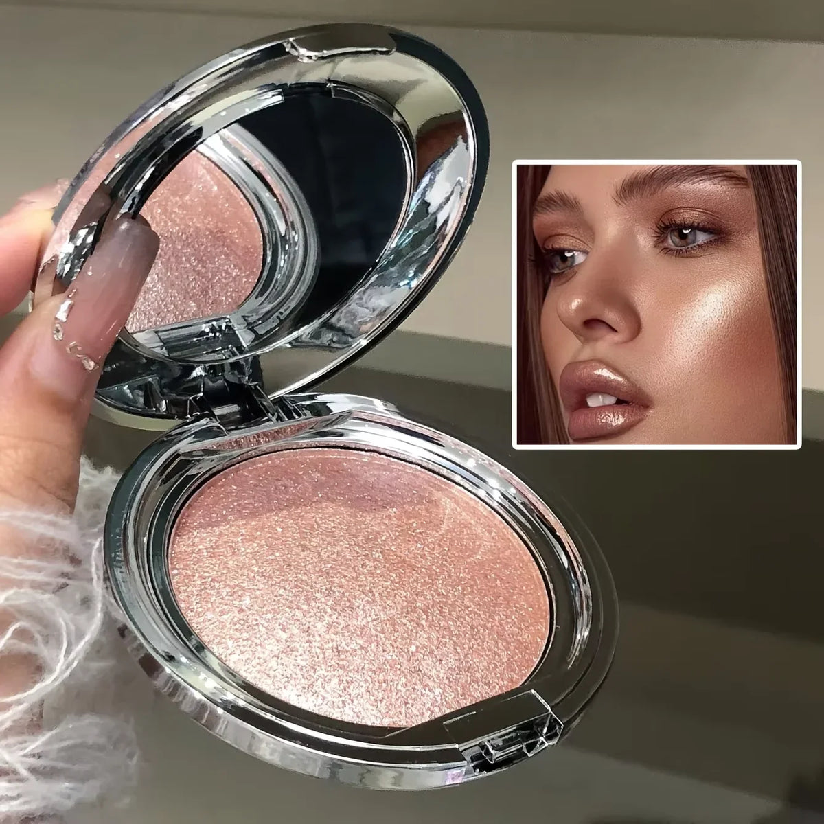 Shimmering champagne highlighter compact and a model wearing the product on her cheekbones