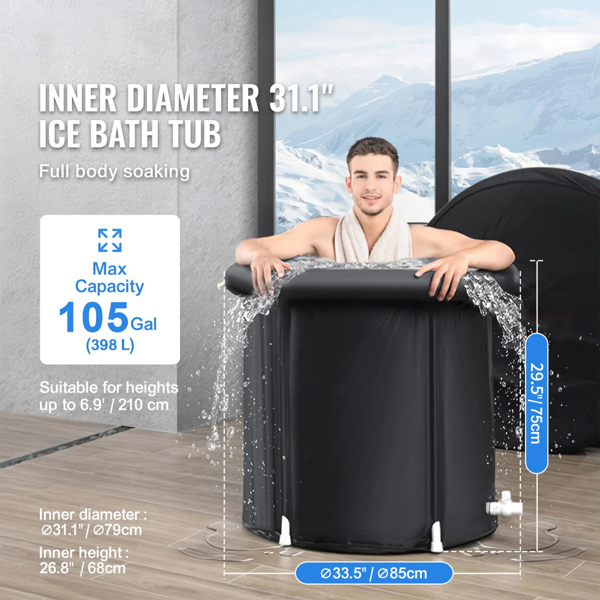 Man inside a portable black ice bath tub in a snowy room, showing dimensions and capacity