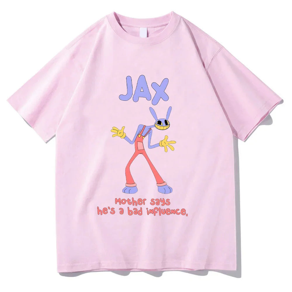 Light pink short-sleeved cotton t-shirt with purple rabbit cartoon character graphic and text